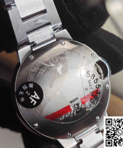 AF Factory Cartier Ballon Bleu 33mm watch reference W4BB0015 with diamond-set bezel (back view).