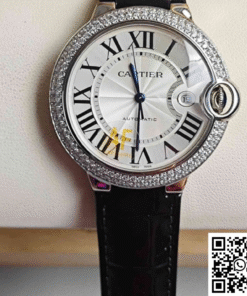 Cartier Ballon Bleu 42mm watch reference W4BB0015 with factory diamond-set bezel (front view).