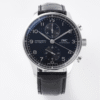 Fake IWC Portugieser Chronograph IW371609 (ZF Factory) with a black dial, silver rhodium-plated hands/markers, and a black alligator leather strap.