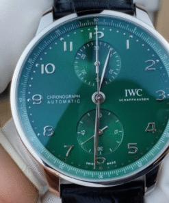 IWC Portugieser Chronograph IW371615 (ZF Factory) in stainless steel, featuring a deep sunray green dial and a black alligator leather strap.