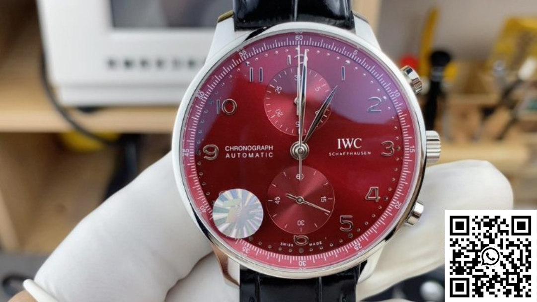 IWC Portugieser IW371629 ZF Factory Leather Band Red Dial IWC Portugieser Chronograph IW371629 "Year of the Dragon" (ZF Factory) in stainless steel with a rich burgundy red dial, gold-plated hands, and a black leather band.