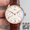 IWC Portugieser Automatic 7-Day IW500701 (ZF Factory V3) in polished 18K rose gold, featuring a classic white/silver dial, applied gold Arabic numerals, and a brown alligator leather strap.