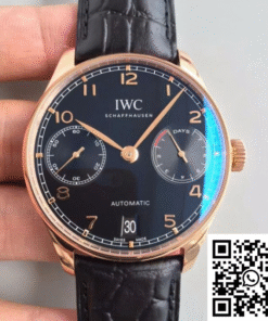 IWC Portugieser Automatic IW500701 (ZF Factory) in 18K Rose Gold with a sleek black dial, 42.3mm case, and a black alligator leather strap. Features include 7-Day Power Reserve and date display.